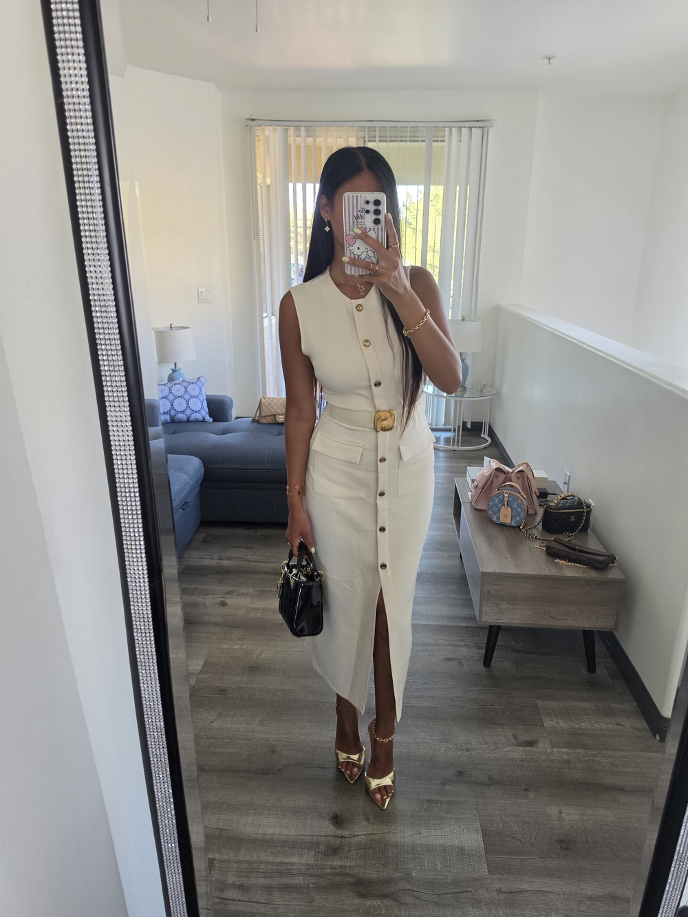 Zara Cream Button-Front Midi Dress with Gold Accents - Picture 10 of 17